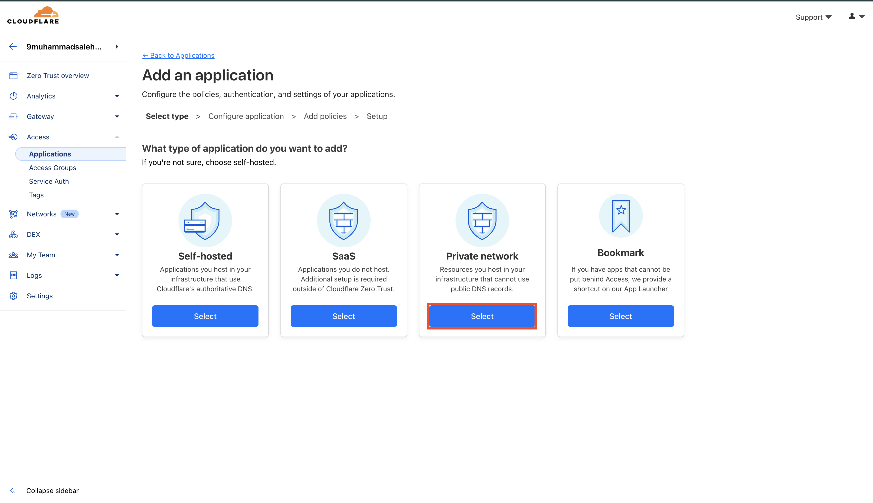 Selecting application type